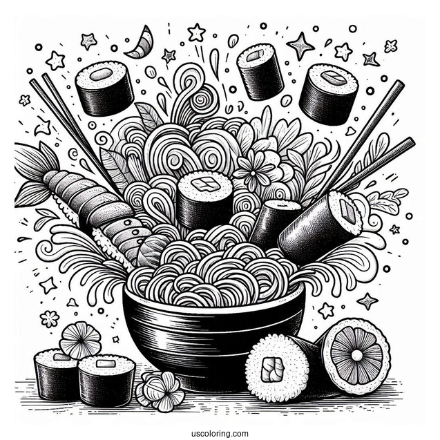 Sushi Coloring Pages Nigiri, Maki, Uramaki, Inaru, And Temari Sushi Bursting From A Ramen