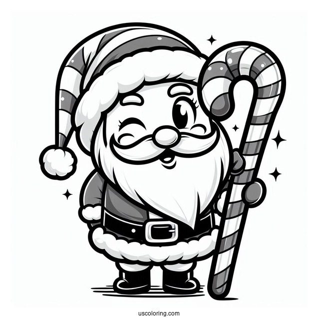 Cartoon Santa Winking While Carrying A Candy Cane Coloring Page For Kids