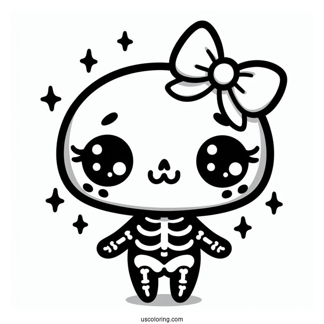 Kawaii Skeleton Coloring Page With Bow
