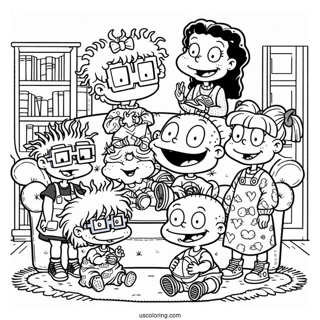 Rugrats Coloring Page Of Rugrats Tommy, Angelika, Chuckie, Susie, Lillian, And Philip In Living Room