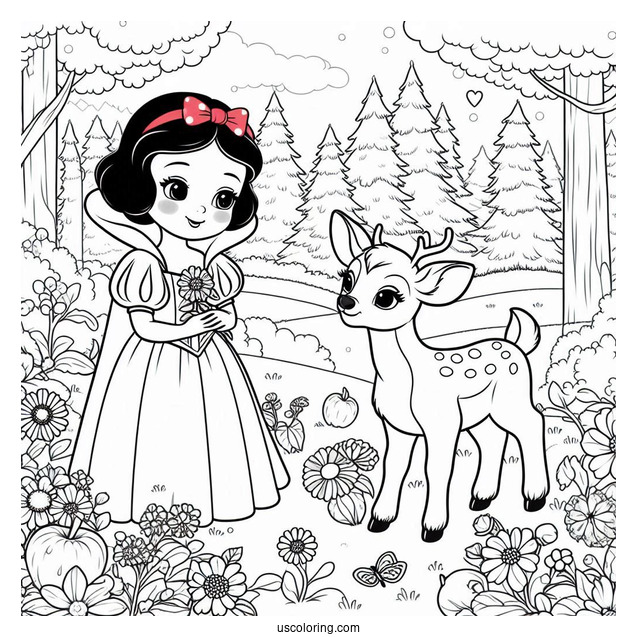 Snow White In Forest With Baby Deer To Color