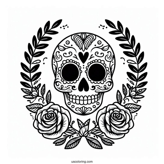 Sugar Skulls Coloring Page With Laurel Leaves And Roses