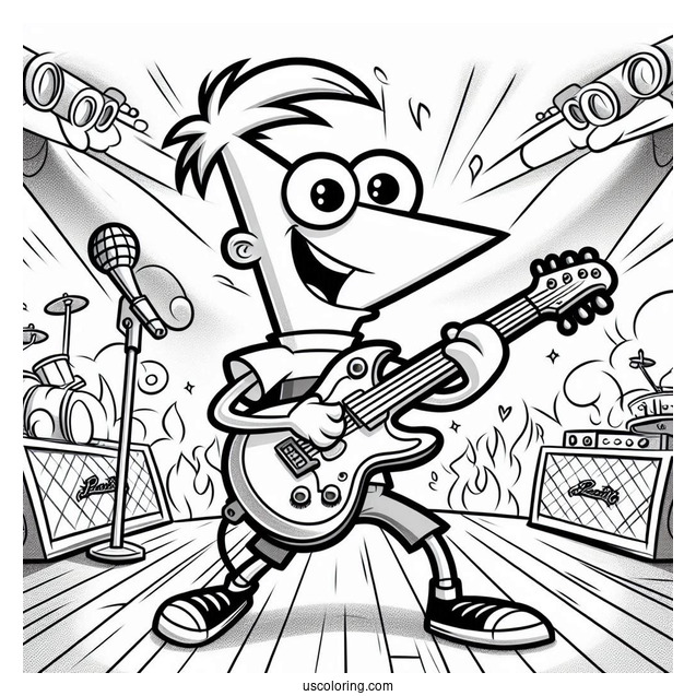 Phineas And Ferb Coloring Page On Stage Playing Electric Guitar