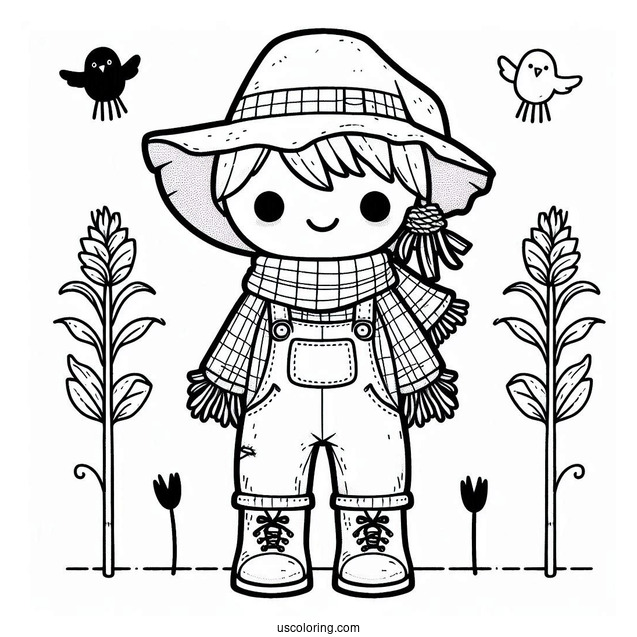 Cute Scarecrow Coloring Page With Hat And Overalls For Kids