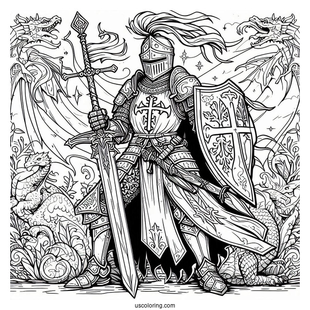 Crusader Knight With Dragons In Background