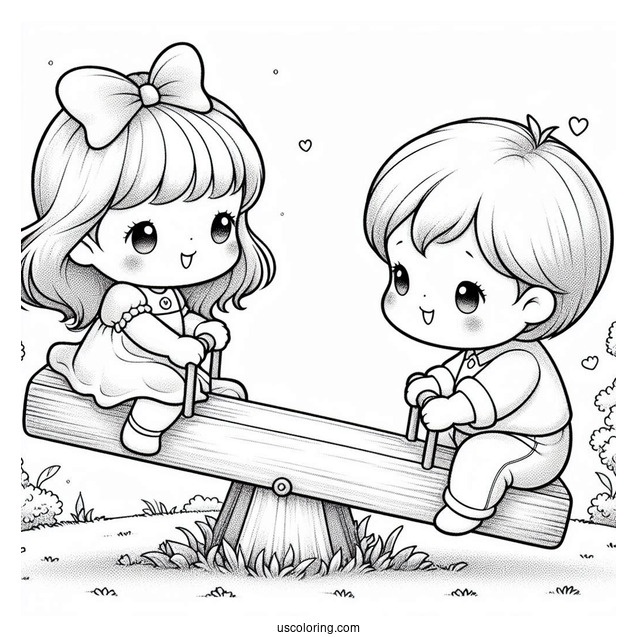 Simple Precious Moments Coloring Page Of Children Playing On Seesaw
