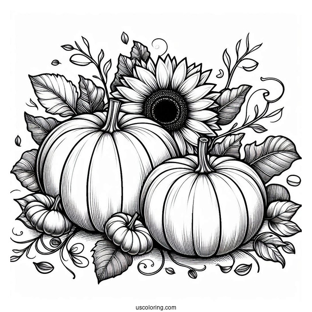 Two Large Pumpkin Coloring Page With Sunflower And Leaves