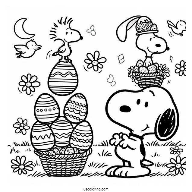 Easter Coloring Page Of Snoopy Balancing Easter Eggs With Woodstock On Top