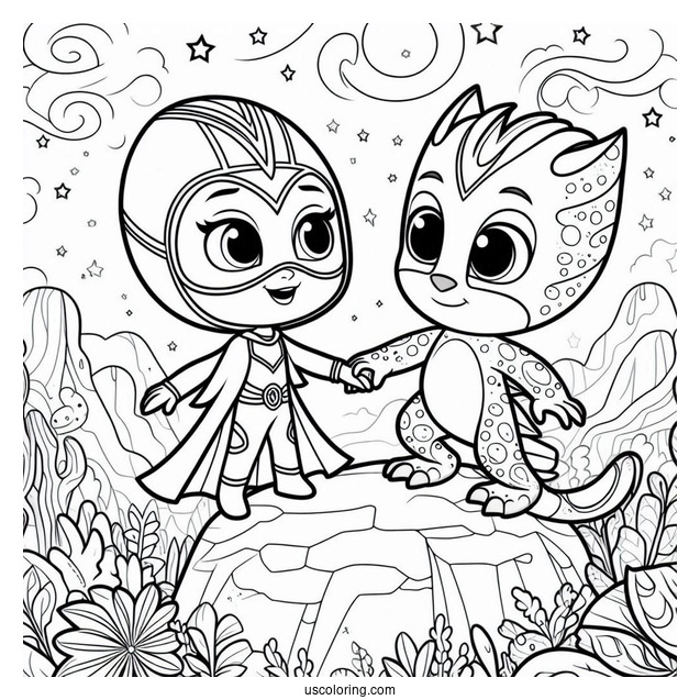 PJ Masks Coloring Page Of Octobella Holding Hands With Gekko On Rock