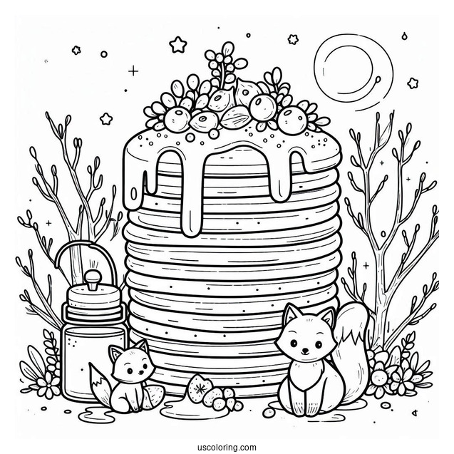Easy Pancake Coloring Page Tower With Syrup And Tiny Foxes For Preschoolers
