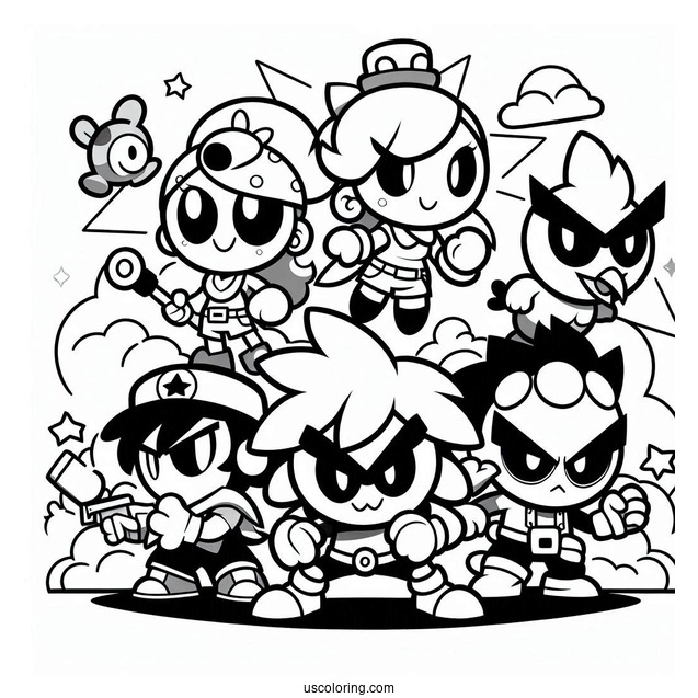 Brawl Stars Coloring Page Of Shelly, Spike, Pam, Piper, Rico, And Crow In A Brawl