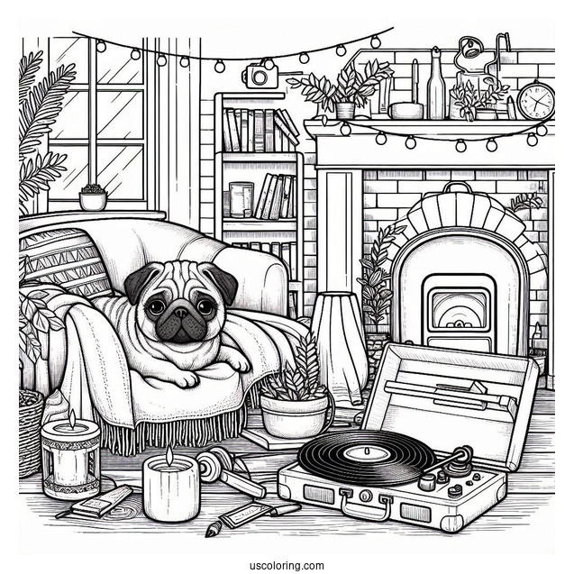 Cozy Home Scene with Pug Coloring Page and Vinyl Player