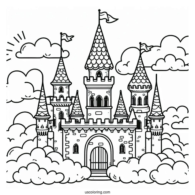 Cute Castle Coloring Page In The Clouds For Kids