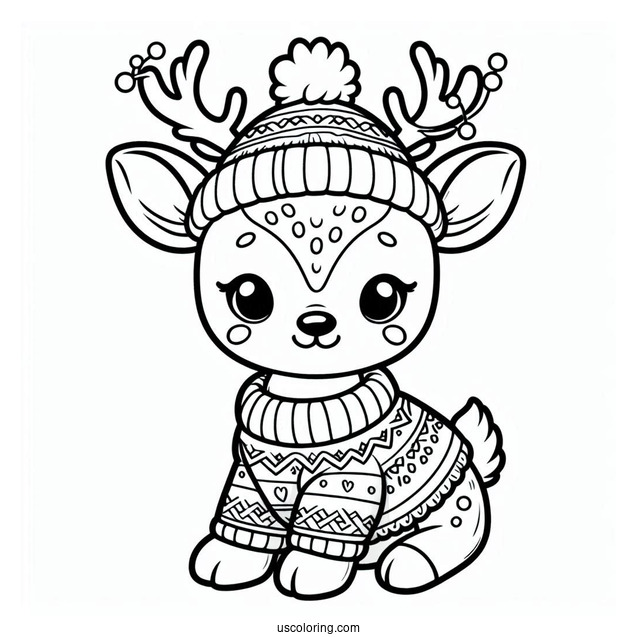 Baby Reindeer Wearing a Christmas Sweater To Color