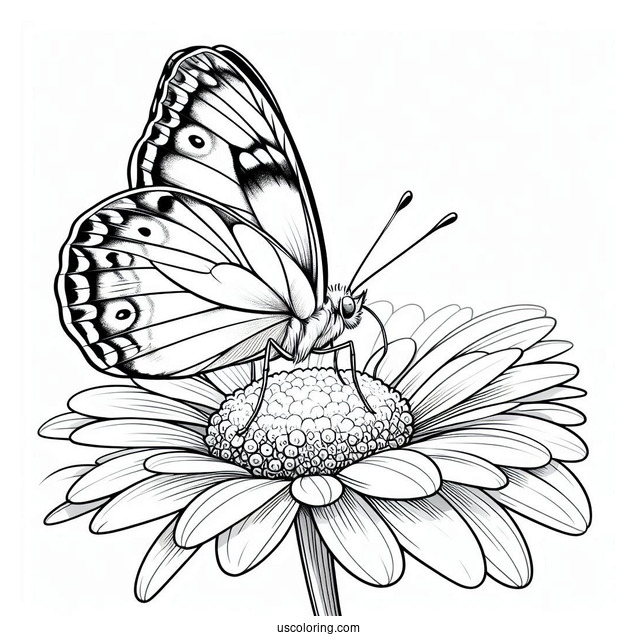Side Profile Of Butterfly On A Daisy Coloring Sheet