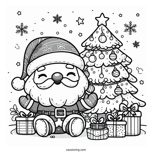 Santa Claus Beside A Christmas Tree On New Year Coloring Page