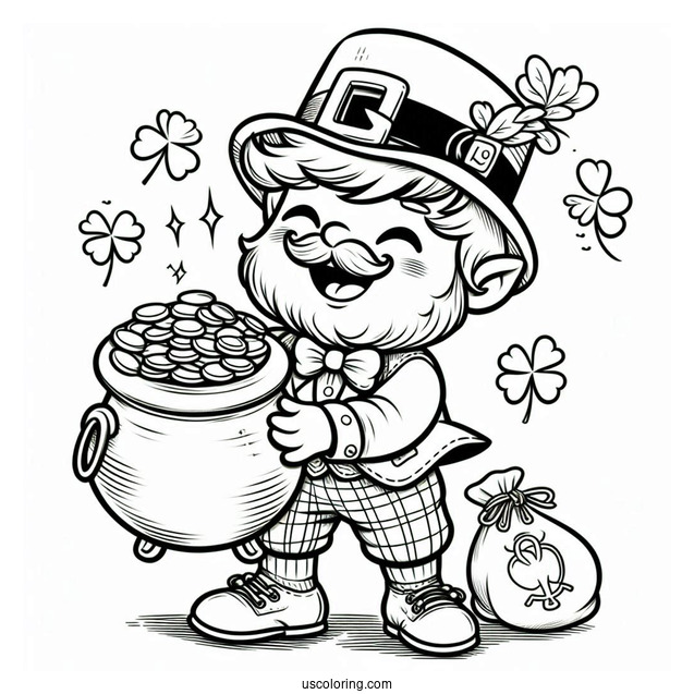 St. Patrick's Day Coloring Page Of Leprechaun Holding A Pot Of Gold For Kids