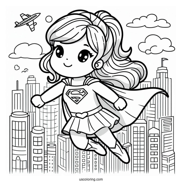 Cute Supergirl Coloring Page Flying Through The City For Preschoolers
