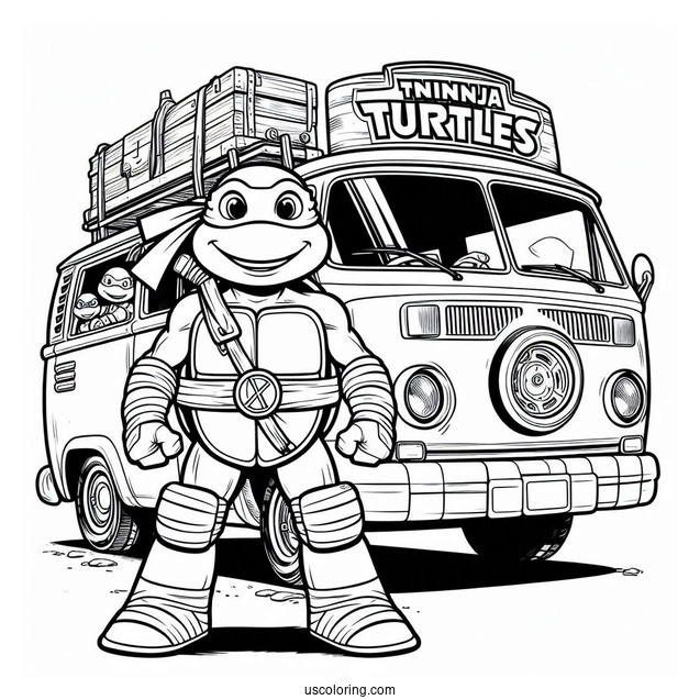 Ninja Turtles Coloring Page Of Donatello Standing In Front Of Turtle Van