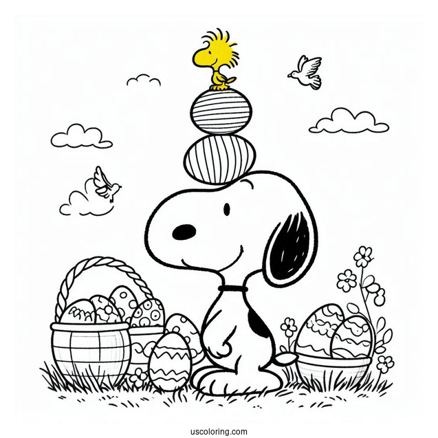 Easter Coloring Page Of Snoopy Balancing Easter Eggs With Woodstock On Top