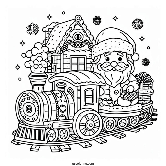 Coloring Page Of a Christmas Train With Santa