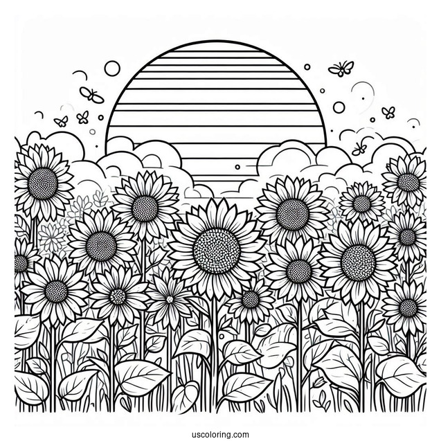 Field Of Sunflowers Coloring Page