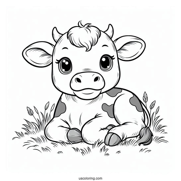 Baby Cow Resting In Grass Coloring Page