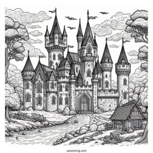 Detailed Medieval Castle Coloring Page In The Forest