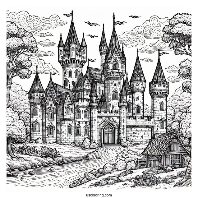 Detailed Medieval Castle Coloring Page In The Forest