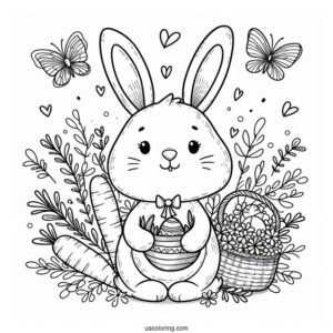 Lovely Easter Coloring Page Of Bunny With A Basket Of Carrots