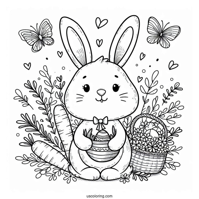 Lovely Easter Coloring Page Of Bunny With A Basket Of Carrots