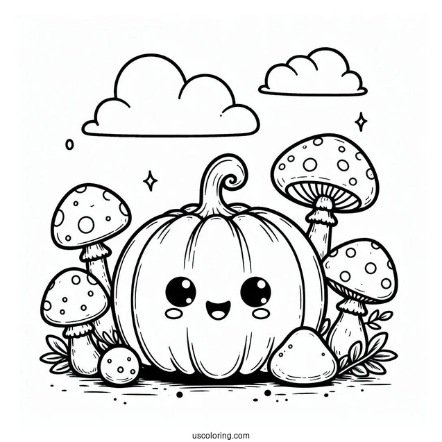 Simple Pumpkin Coloring Page With Mushrooms For Kids
