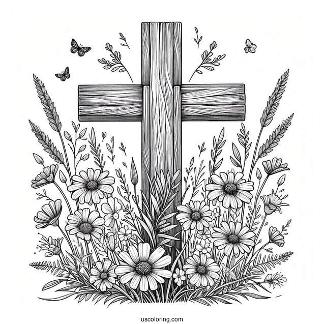 Cross Coloring Page Covered In Wildflowers On A Field