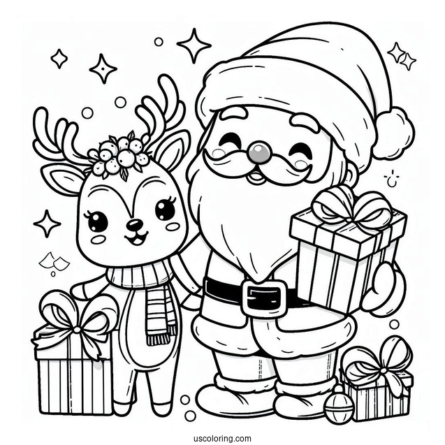 Cute Santa And Rudolph With Presents Coloring Page