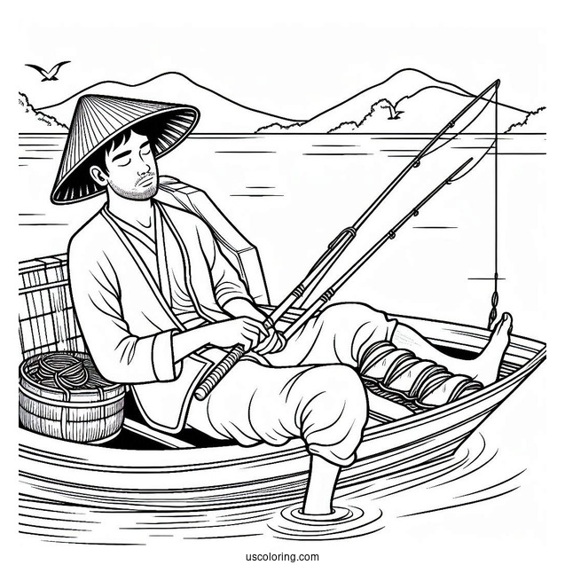 Man Sleeping On A Boat While Fishing Coloring Page In The Sea