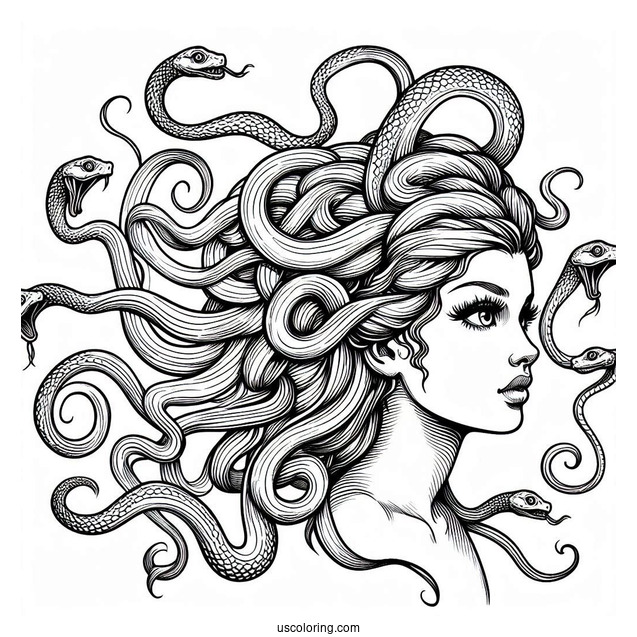 Realistic Medusa Coloring Page With Large Snakes On Head