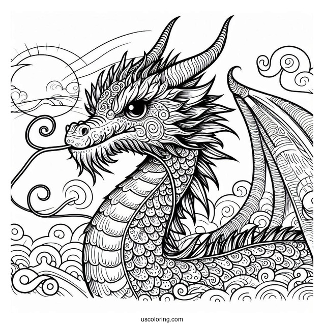 Detailed Dragon With Long Whiskers And Big Horns Coloring Page