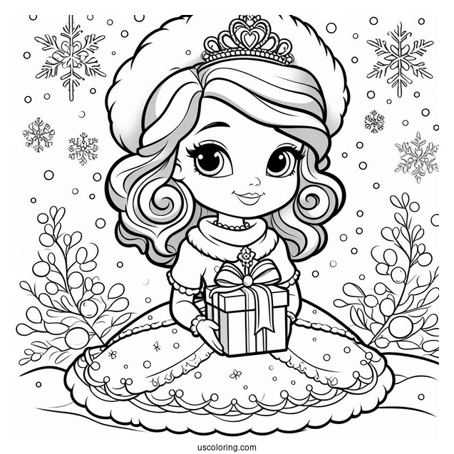 Sofia The First Coloring Page Of With Christmas Present In Snow