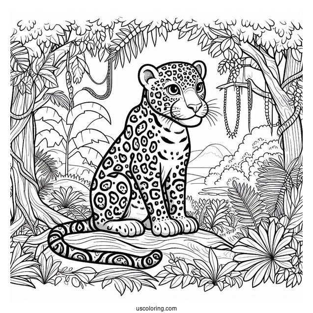 Jaguar Sitting In The Jungle Coloring Page