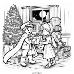 Polar Express Coloring Page Of Hero Boy And Sister Opening A Present