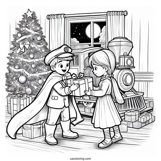 Polar Express Coloring Page Of Hero Boy And Sister Opening A Present