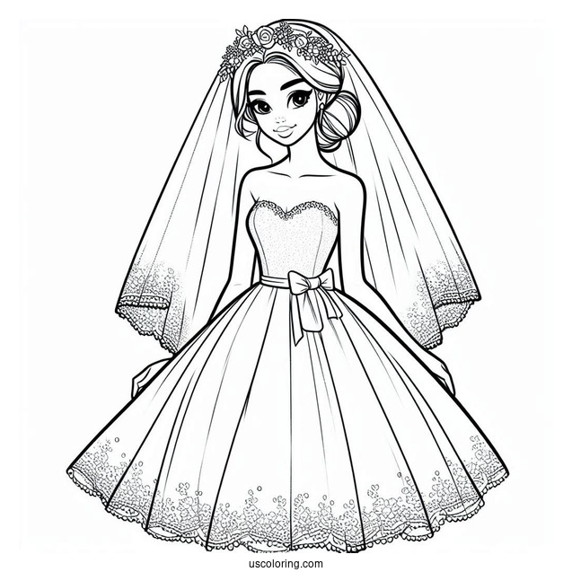 Bride Wearing Simple Dress Coloring Page With Short Veil
