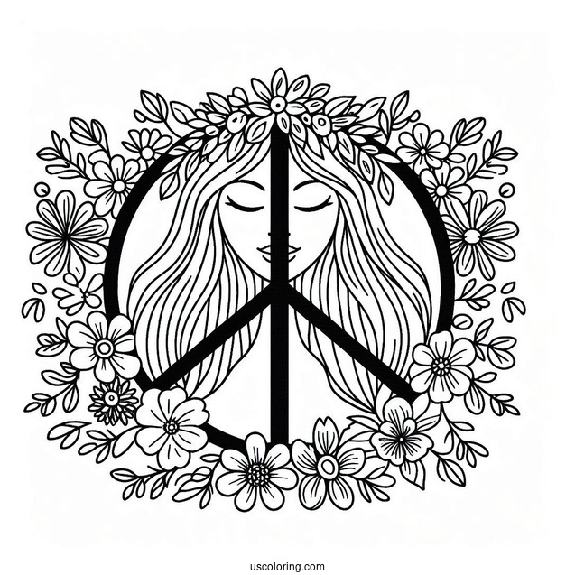 Peace Coloring Page Word And Symbol With Woman And Flowers