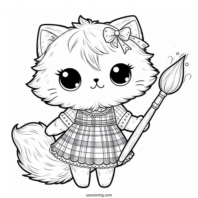 Cute Coloring Page Furry Cat Holding A Paintbrush And Wearing A Plaid Dress