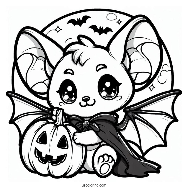 Cartoon Bat Coloring Page Holding Jack O Lantern