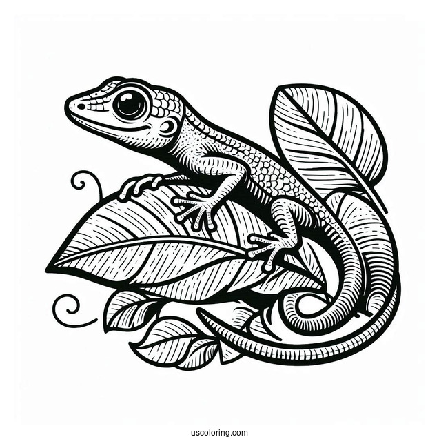 Lizard Coloring Page of Green Anole Lizard Camouflaging With Leaf