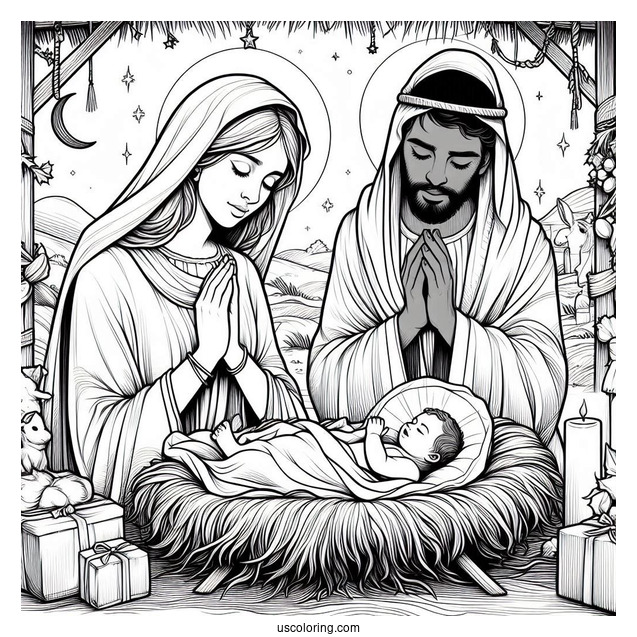 Nativity Coloring Page Of Mary And Joseph Praying Over Baby Jesus In The Manger