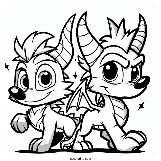 Cash Bandicoot Side By Side With Sypro Coloring Page