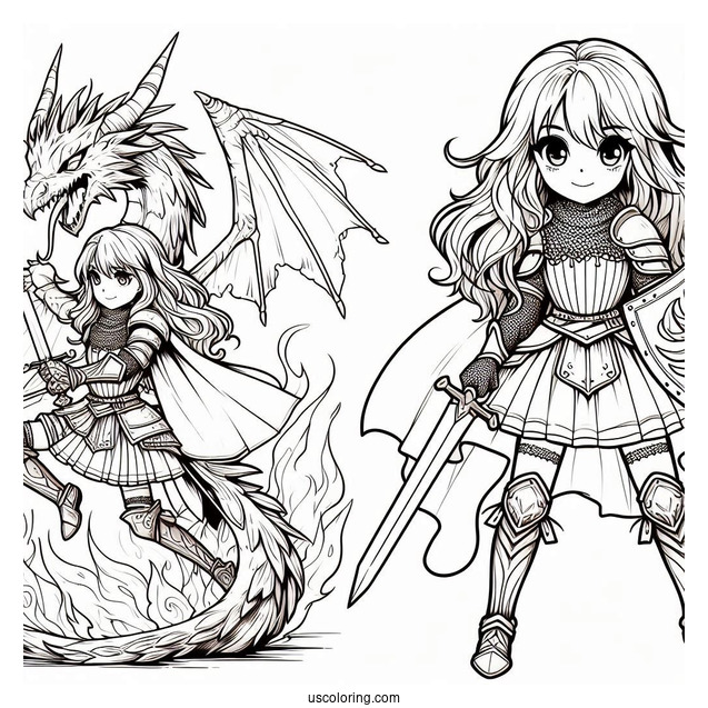 Coloring Sheet Of Girl Knight To Fight Dragon