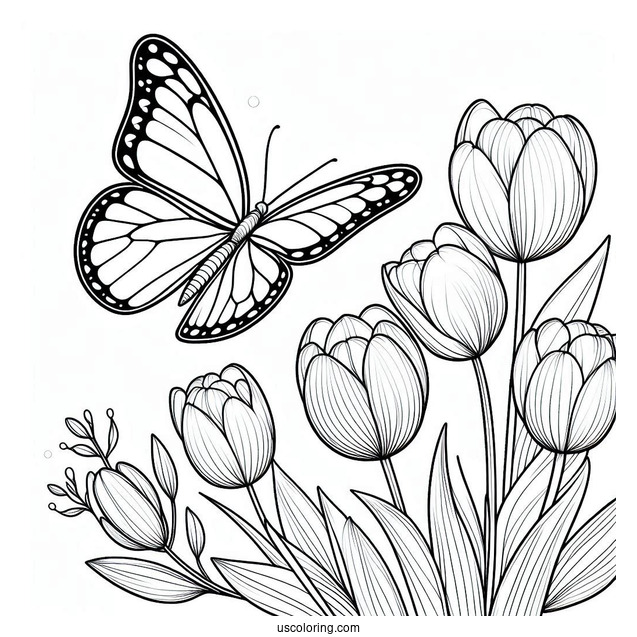 Realistic Outline Of Butterfly Hovering Over Tulips